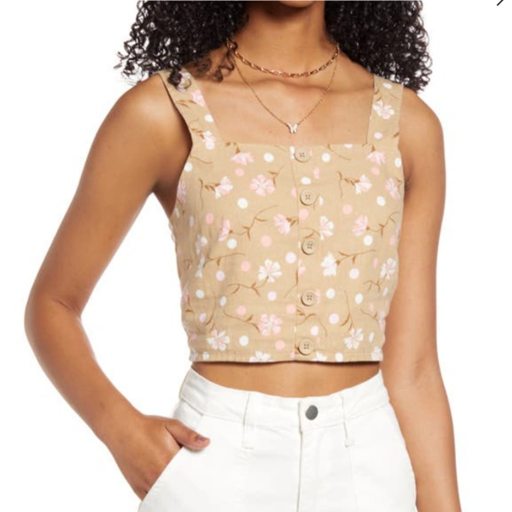 BUTTON FRONT LINEN BLEND TANK IN BEIGE- PINK SOPHIE FLORAL XS